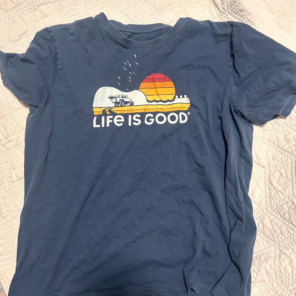 Life Is Good Navy T-Shirt with Sunset Graphic
